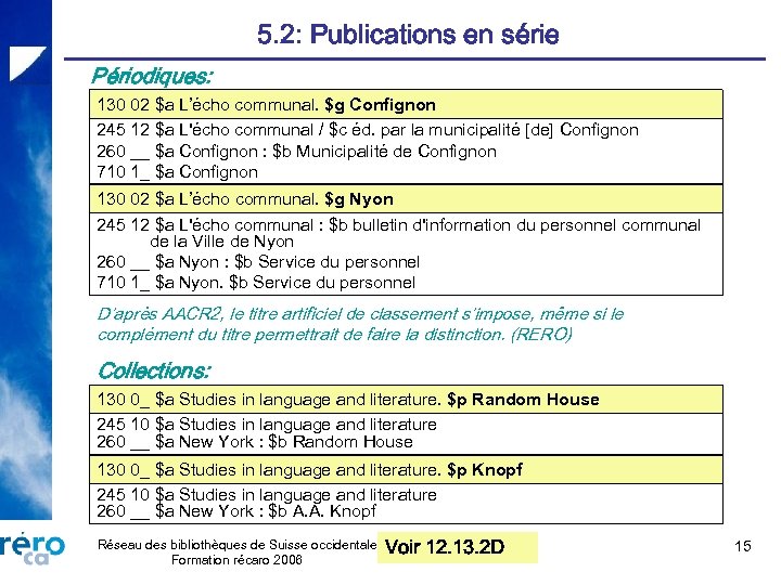 5. 2: Publications en série Périodiques: 130 02 $a L’écho communal. $g Confignon 245