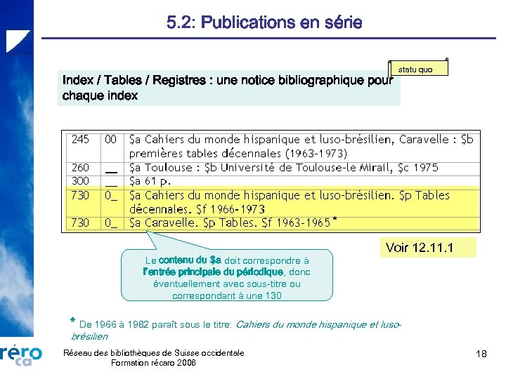 5. 2: Publications en série Index / Tables / Registres : une notice bibliographique