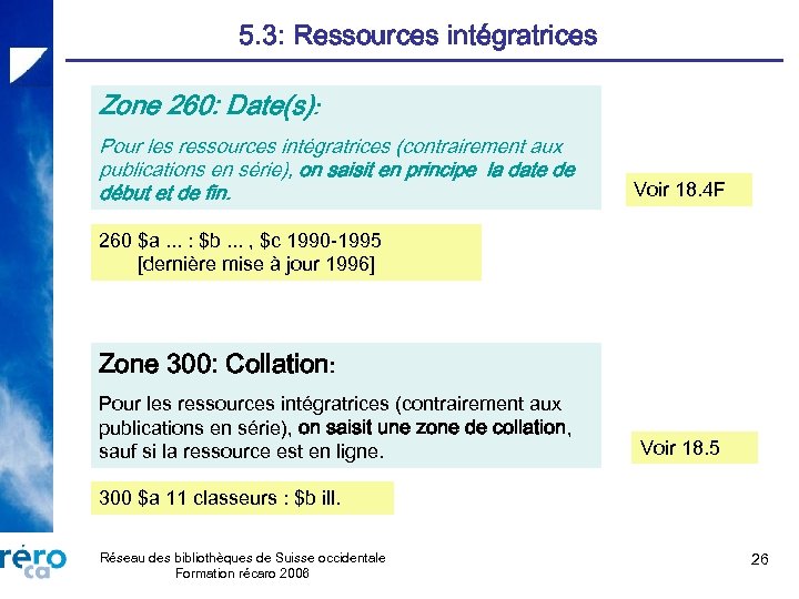 5. 3: Ressources intégratrices Zone 260: Date(s): Pour les ressources intégratrices (contrairement aux publications