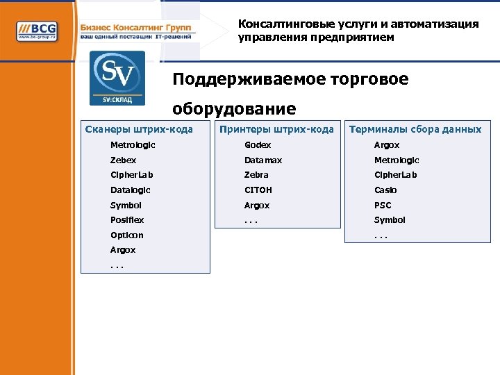 Консалтинговые услуги и автоматизация управления предприятием Поддерживаемое торговое оборудование Сканеры штрих-кода Принтеры штрих-кода Терминалы