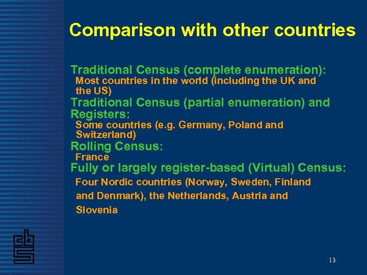 Comparison with other countries Traditional Census (complete enumeration): Most countries in the world (including