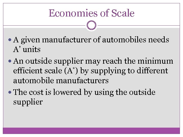 Economies of Scale A given manufacturer of automobiles needs A’ units An outside supplier
