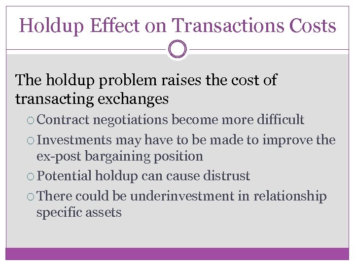 Holdup Effect on Transactions Costs The holdup problem raises the cost of transacting exchanges