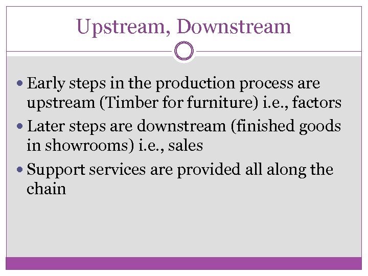 Upstream, Downstream Early steps in the production process are upstream (Timber for furniture) i.