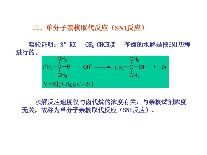 二、单分子亲核取代反应（SN 1反应） 实验证明： 3°RX 进行的。 CH 2=CHCH 2 X 苄卤的水解是按SN 1历程 水解反应速度仅与卤代烷的浓度有关，与亲核试剂浓度 无关，故称为单分子亲核取代反应（SN 1反应）。