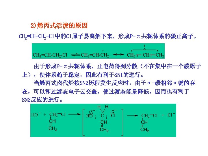 2)烯丙式活泼的原因 CH 2=CH-CH 2 -Cl中的Cl原子易离解下来，形成P-π共轭体系的碳正离子。 由于形成P-π共轭体系，正电荷得到分散（不在集中在一个碳原子 上），使体系趋于稳定，因此有利于SN 1的进行。 当烯丙式卤代烃按SN 2历程发生反应时，由于α-碳相邻π键的存 在，可以和过渡态电子云交盖，使过渡态能量降低，因而也有利于 SN 2反应的进行。 