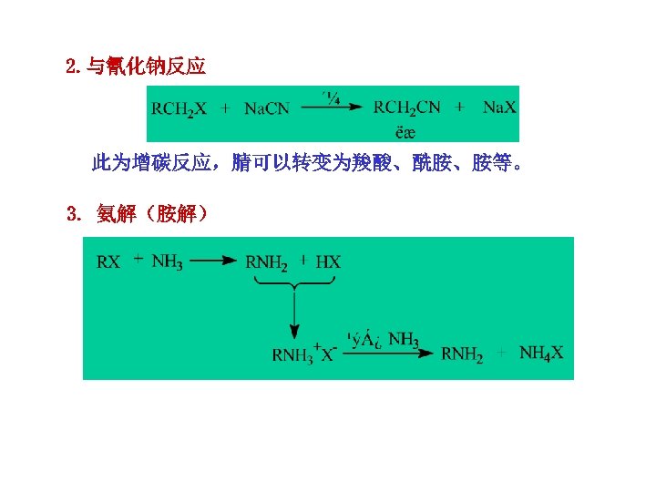 2. 与氰化钠反应 此为增碳反应，腈可以转变为羧酸、酰胺、胺等。 3. 氨解（胺解） 