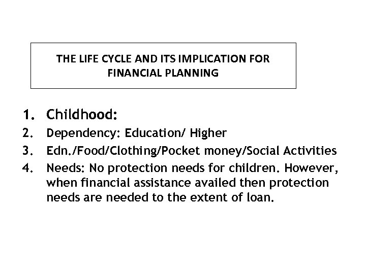 THE LIFE CYCLE AND ITS IMPLICATION FOR FINANCIAL PLANNING 1. Childhood: 2. 3. 4.