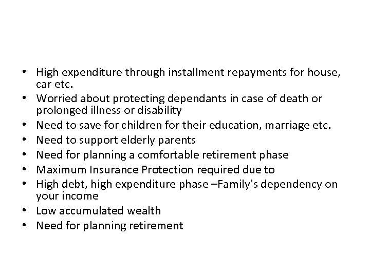  • High expenditure through installment repayments for house, car etc. • Worried about