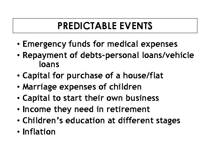 PREDICTABLE EVENTS • Emergency funds for medical expenses • Repayment of debts-personal loans/vehicle loans