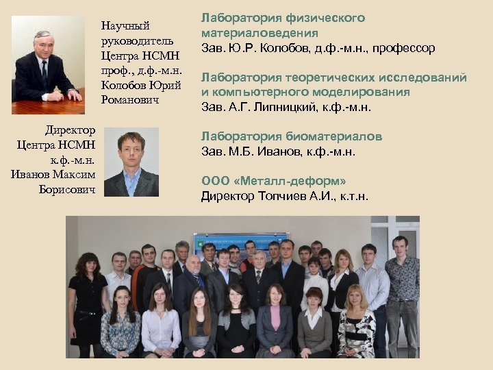 Научный руководитель Центра НСМН проф. , д. ф. -м. н. Колобов Юрий Романович Директор