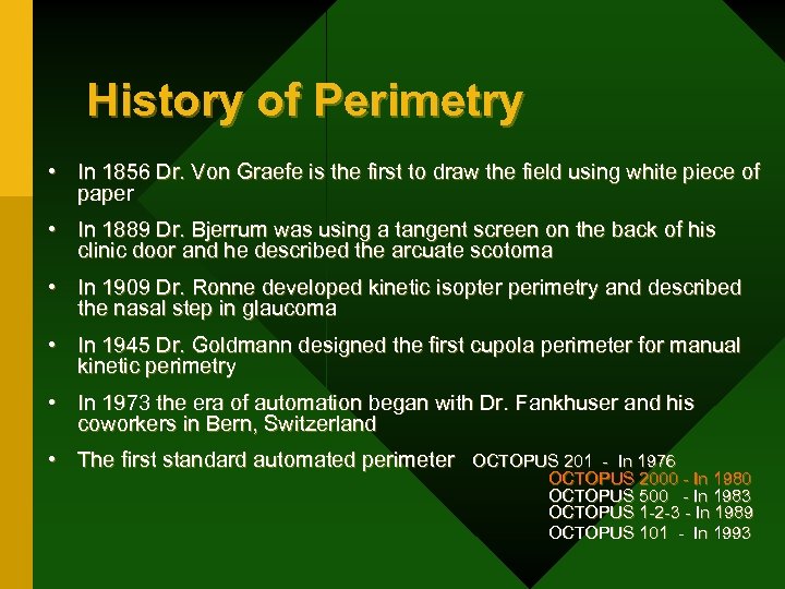 History of Perimetry • In 1856 Dr. Von Graefe is the first to draw