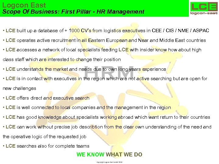 Logcon East Scope Of Business: First Pillar - HR Management • LCE built up