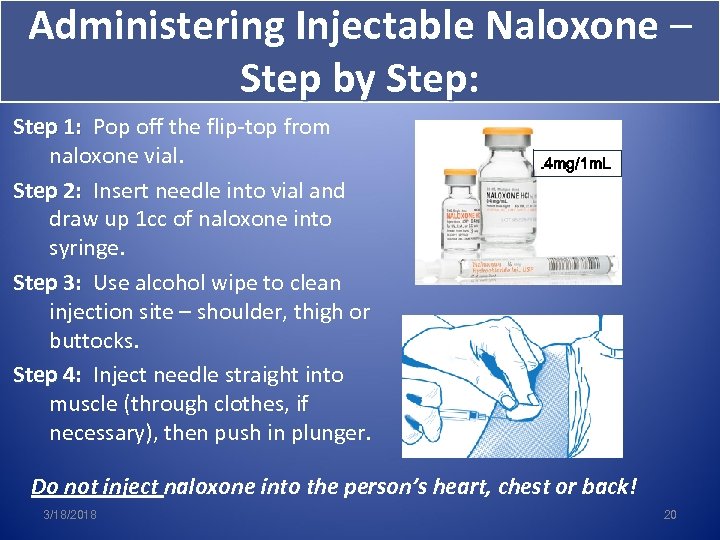 Administering Injectable Naloxone – Step by Step: Step 1: Pop off the flip-top from