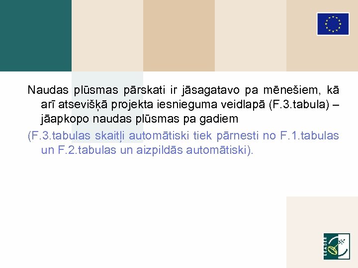 Naudas plūsmas pārskati ir jāsagatavo pa mēnešiem, kā arī atsevišķā projekta iesnieguma veidlapā (F.
