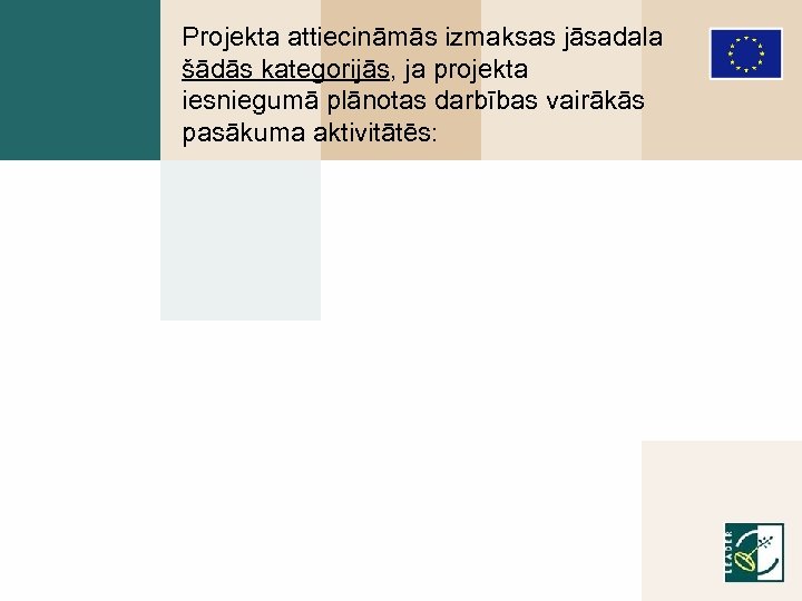 Projekta attiecināmās izmaksas jāsadala šādās kategorijās, ja projekta iesniegumā plānotas darbības vairākās pasākuma aktivitātēs: