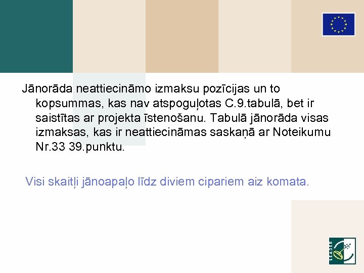 Jānorāda neattiecināmo izmaksu pozīcijas un to kopsummas, kas nav atspoguļotas C. 9. tabulā, bet
