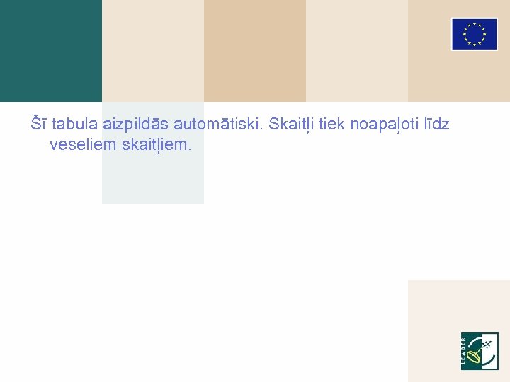 Šī tabula aizpildās automātiski. Skaitļi tiek noapaļoti līdz veseliem skaitļiem. 