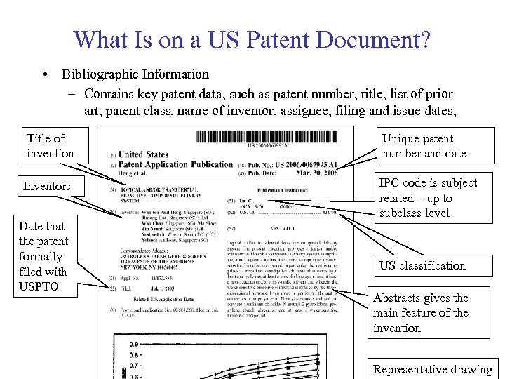 What Is on a US Patent Document? • Bibliographic Information – Contains key patent