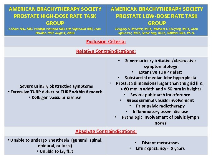AMERICAN BRACHYTHERAPY SOCIETY PROSTATE HIGH-DOSE RATE TASK GROUP I-Chow Hsu, MD, Yoshiya Yamada MD,
