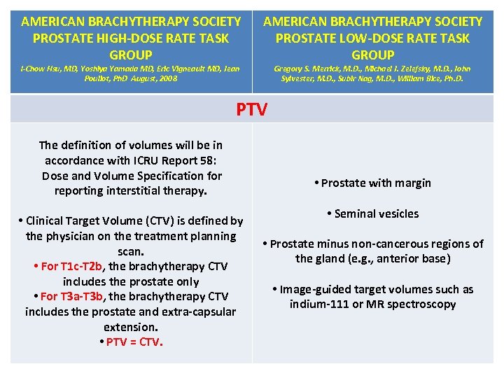 AMERICAN BRACHYTHERAPY SOCIETY PROSTATE HIGH-DOSE RATE TASK GROUP I-Chow Hsu, MD, Yoshiya Yamada MD,