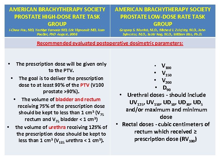 AMERICAN BRACHYTHERAPY SOCIETY PROSTATE HIGH-DOSE RATE TASK GROUP I-Chow Hsu, MD, Yoshiya Yamada MD,