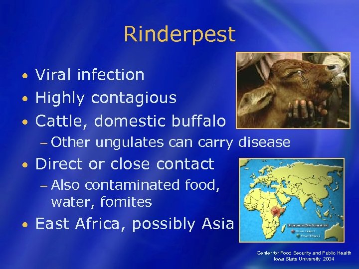 Rinderpest Viral infection • Highly contagious • Cattle, domestic buffalo • − Other •