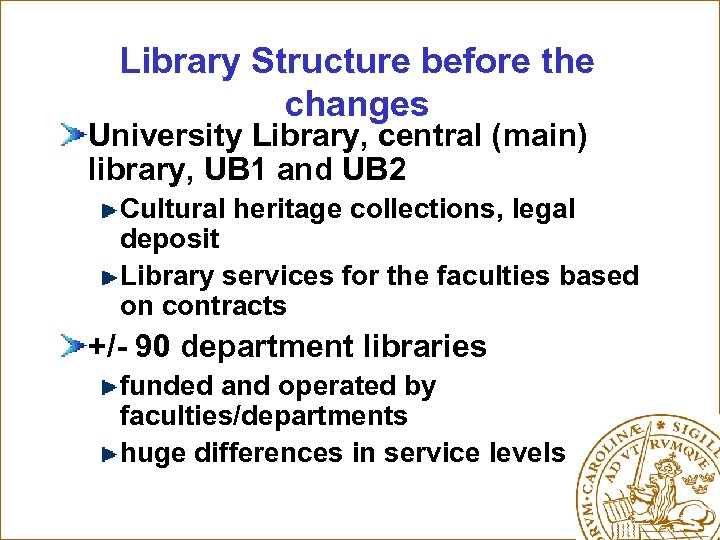 Library Structure before the changes University Library, central (main) library, UB 1 and UB