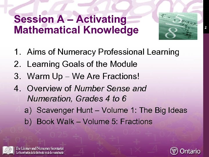 Session A – Activating Mathematical Knowledge 1. 2. 3. 4. Aims of Numeracy Professional