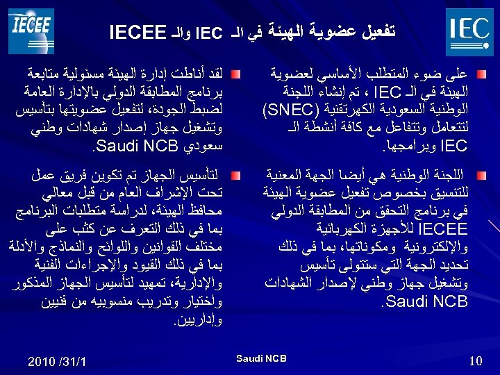  ﺗﻔﻌﻴﻞ ﻋﻀﻮﻳﺔ ﺍﻟﻬﻴﺌﺔ ﻓﻲ ﺍﻟـ IEC ﻭﺍﻟـ IECEE ﻋﻠﻰ ﺿﻮﺀ ﺍﻟﻤﺘﻄﻠﺐ ﺍﻷﺴﺎﺳﻲ ﻟﻌﻀﻮﻳﺔ