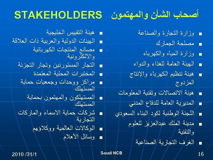  ﺃﺼﺤﺎﺏ ﺍﻟﺸﺄﻦ ﻭﺍﻟﻤﻬﺘﻤﻮﻥ STAKEHOLDERS n n n n n 61 ﻭﺯﺍﺭﺓ ﺍﻟﺘﺠﺎﺭﺓ ﻭﺍﻟﺼﻨﺎﻋﺔ