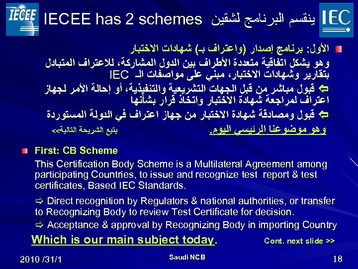 IECEE has 2 schemes ﻳﻨﻘﺴﻢ ﺍﻟﺒﺮﻧﺎﻣﺞ ﻟﺸﻘﻴﻦ ﺍﻷﻮﻝ: ﺑﺮﻧﺎﻣﺞ ﺇﺻﺪﺍﺭ )ﻭﺍﻋﺘﺮﺍﻑ ﺑـ( ﺷﻬﺎﺩﺍﺕ ﺍﻻﺧﺘﺒﺎﺭ