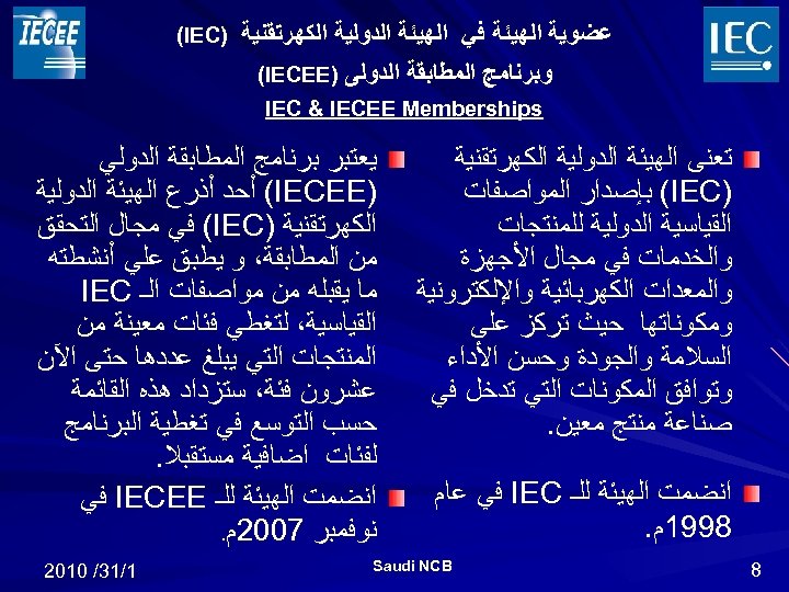  ﻋﻀﻮﻳﺔ ﺍﻟﻬﻴﺌﺔ ﻓﻲ ﺍﻟﻬﻴﺌﺔ ﺍﻟﺪﻭﻟﻴﺔ ﺍﻟﻜﻬﺮﺗﻘﻨﻴﺔ ﻭﺑﺮﻧﺎﻣﺞ ﺍﻟﻤﻄﺎﺑﻘﺔ ﺍﻟﺪﻭﻟﻰ ) (IECEE ) (IEC