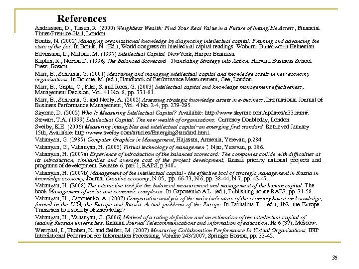 References Andriessen, D. , Tissen, R. (2000) Weightless Wealth: Find Your Real Value in