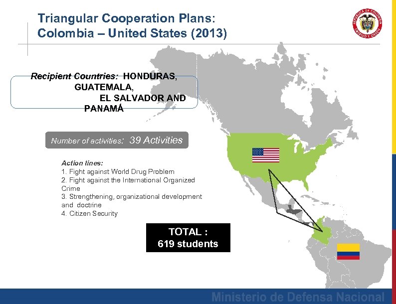 Triangular Cooperation Plans: Colombia – United States (2013) Recipient Countries: HONDURAS, GUATEMALA, EL SALVADOR