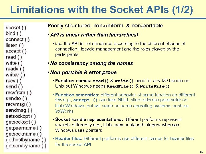 Limitations with the Socket APIs (1/2) Poorly structured, non-uniform, & non-portable • API is