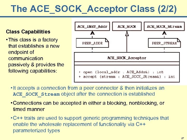 The ACE_SOCK_Acceptor Class (2/2) Class Capabilities • This class is a factory that establishes