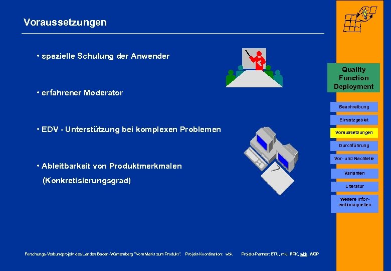 Voraussetzungen • spezielle Schulung der Anwender Quality Function Deployment • erfahrener Moderator Beschreibung Einsatzgebiet