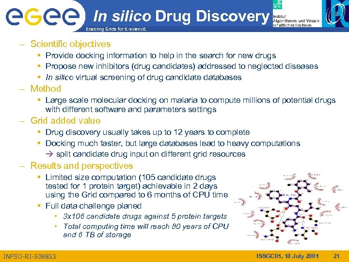 In silico Drug Discovery Enabling Grids for E-scienc. E – Scientific objectives § Provide