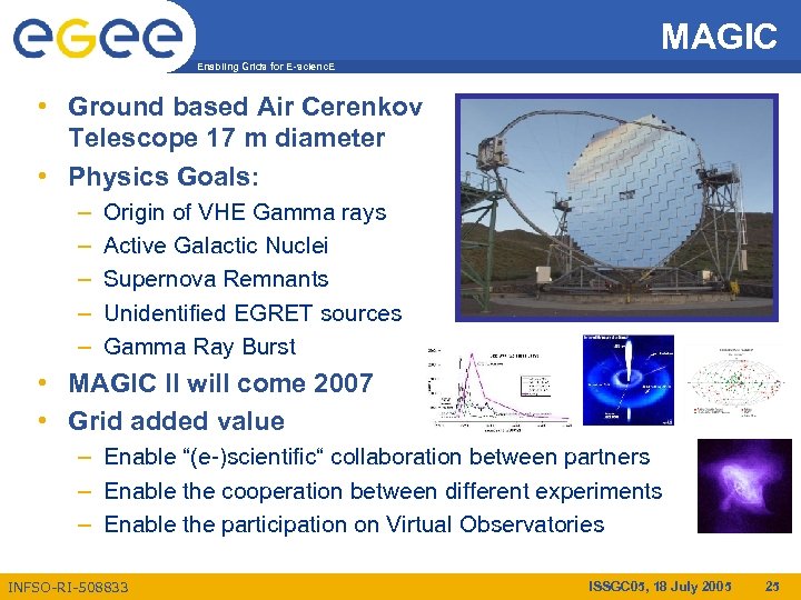 MAGIC Enabling Grids for E-scienc. E • Ground based Air Cerenkov Telescope 17 m