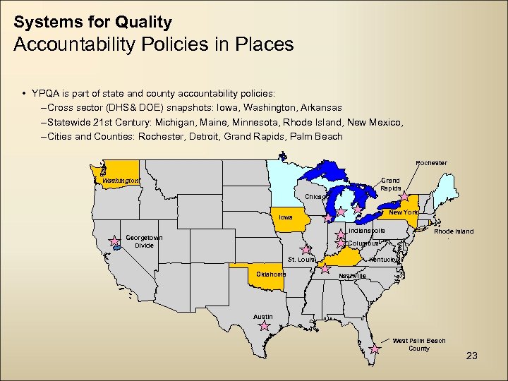 Systems for Quality Accountability Policies in Places • YPQA is part of state and