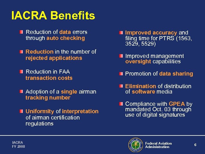 IACRA Benefits Reduction of data errors through auto checking Reduction in the number of