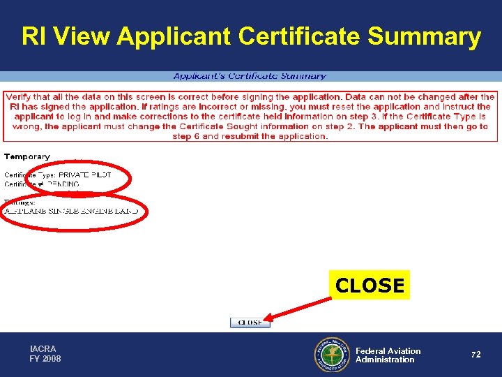 RI View Applicant Certificate Summary CLOSE IACRA FY 2008 Federal Aviation Administration 72 