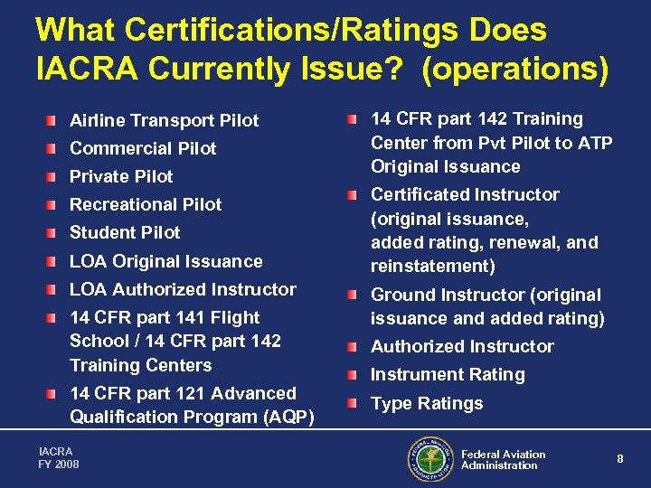 What Certifications/Ratings Does IACRA Currently Issue? (operations) Airline Transport Pilot Commercial Pilot Private Pilot