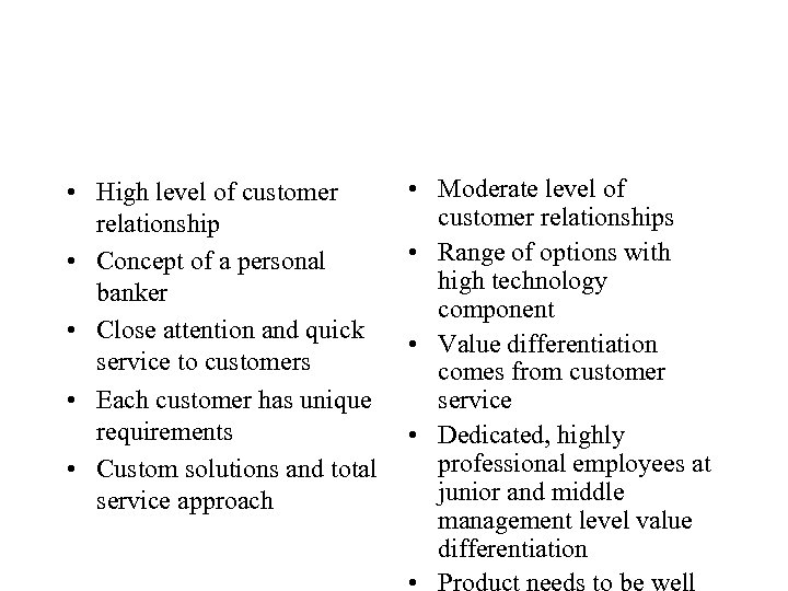  • High level of customer relationship • Concept of a personal banker •