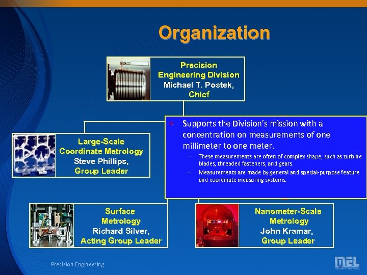 Organization Precision Engineering Division Michael T. Postek, Chief Large-Scale Coordinate Metrology Steve Phillips, Group