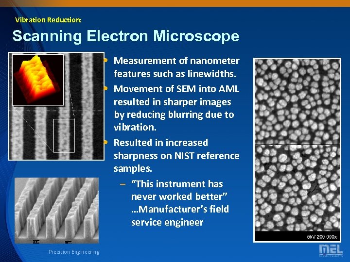 Vibration Reduction: Scanning Electron Microscope • Measurement of nanometer features such as linewidths. •