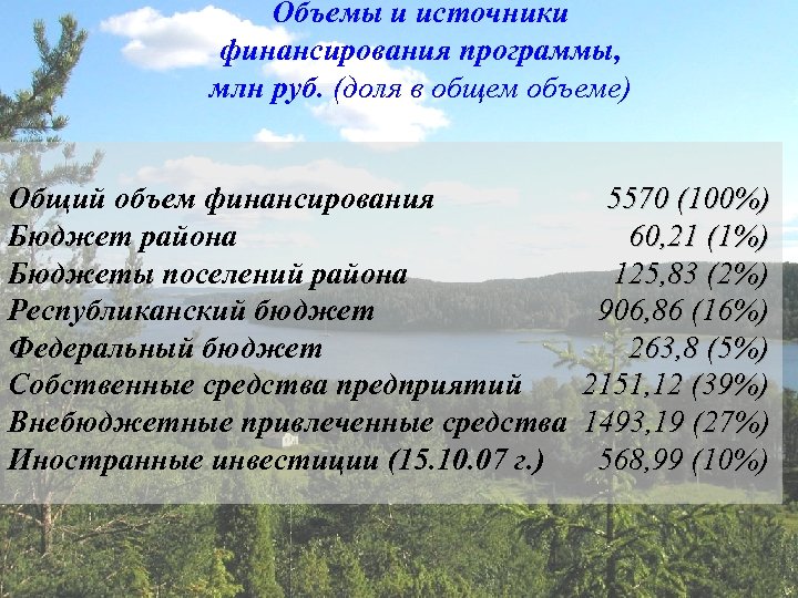 Объемы и источники финансирования программы, млн руб. (доля в общем объеме) Общий объем финансирования