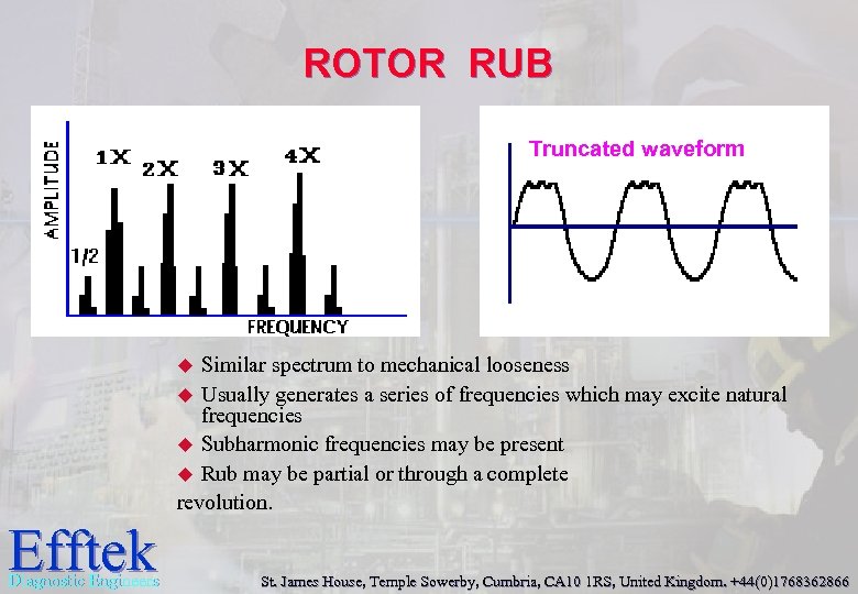 ROTOR RUB Truncated waveform Similar spectrum to mechanical looseness u Usually generates a series