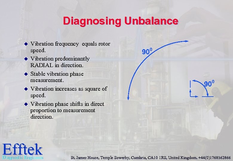 Diagnosing Unbalance u u u Vibration frequency equals rotor speed. Vibration predominantly RADIAL in